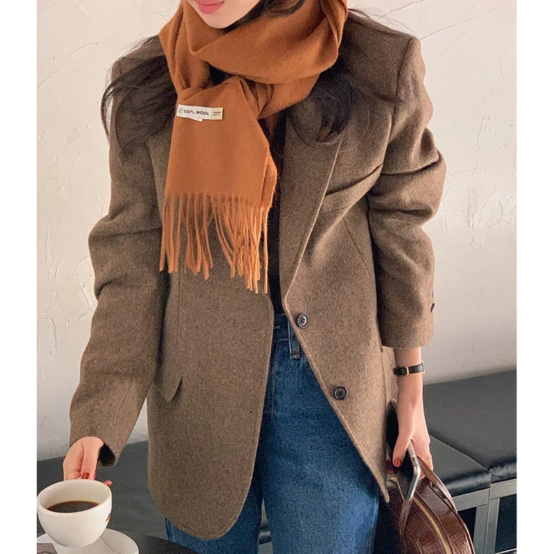 Korean Style Chic Women's Vintage Elegant Suit Jacket Autumn and Winter New Loose Casual Blazer All-match Long-sleeved Suit Top