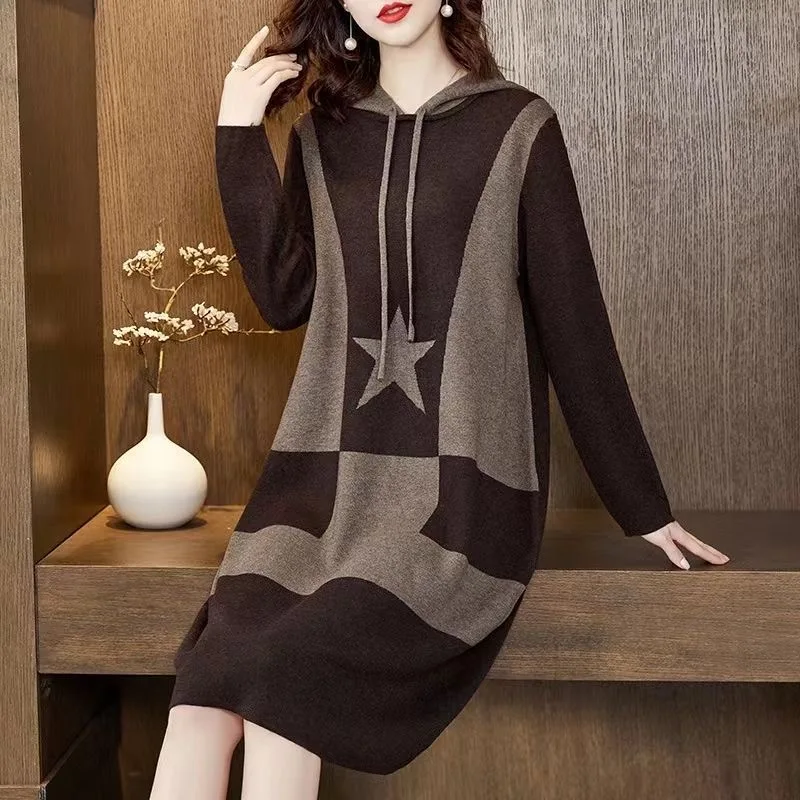 Women Clothing Fashion Loose Vintage Dresses Autumn Winter Knitted Hooded Daily Casual Sweater Dress Female Wool Tunics