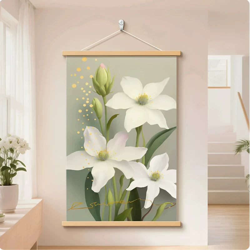 Wall Art Pink Tulip Bouquet and Cream Arch French Style Pearlescent Canvas Hanging Scroll with Wooden Rods for Hallway