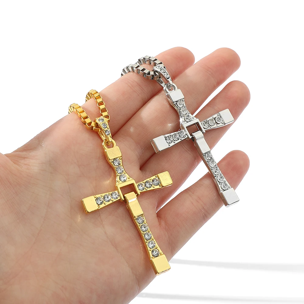 Fast And The Furious Dominic Toretto Vin New Movie Jewelry Classic Rhinestone Pendant Cross Necklaces High Quality Jewelry Gift