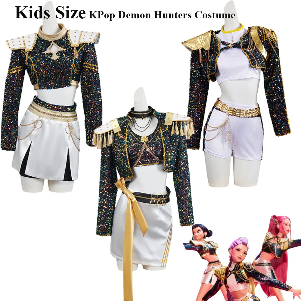 

New Kids Girls Rumi Zoey Mira Cosplay Costume Black Gold Uniform Set KPop Demon Hunters Outfit Halloween Role Play Party