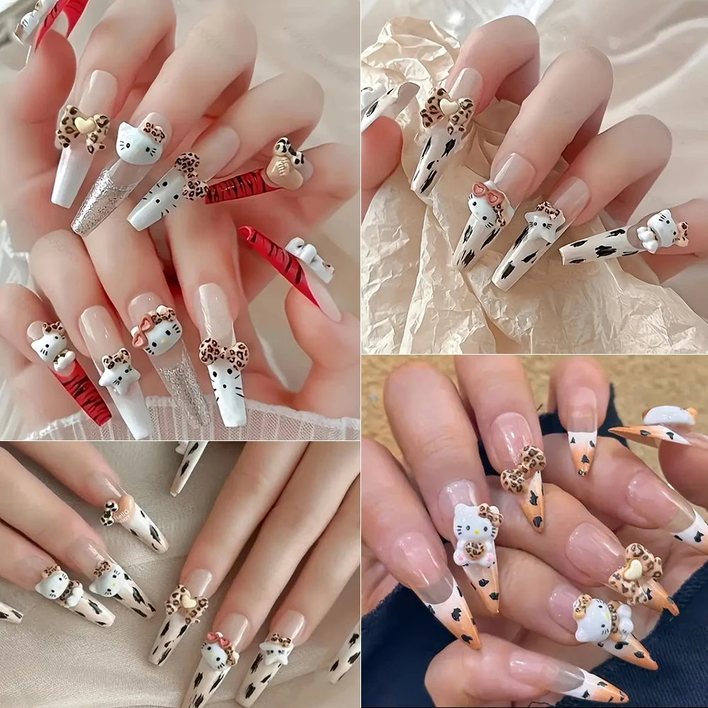 24-شبكة براون ليوبارد طباعة مرحبا كيتي مسمار السحر ثلاثية الأبعاد الخريف ميلارد ليوبارد Bowknot لطيف KT مسمار ديكو مزيج الكرتون مسمار أجزاء