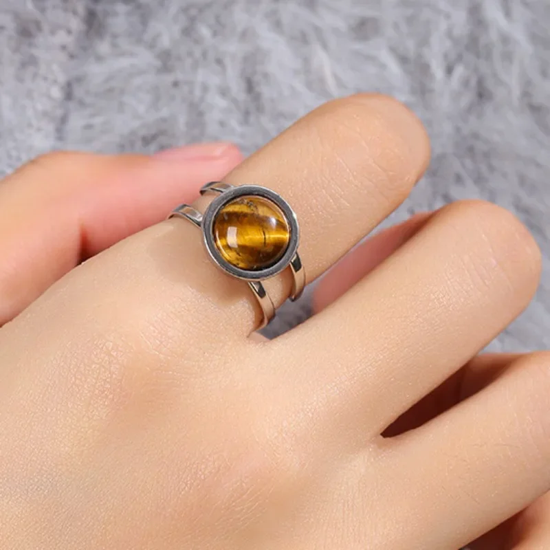 10mm Healing Natural Stone Stainless Steel Open Rings Women Rose Quartz Green Aventurine Adjustable Crystal Jewelry