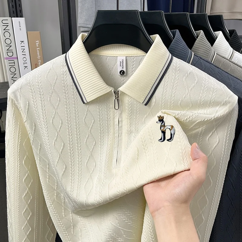 High Quality Men's Embroidery Print Polo Shirt Solid Color Jacquard Long Sleeve Half Zip Lapel T-shirt Casual Fashion Men's Wear