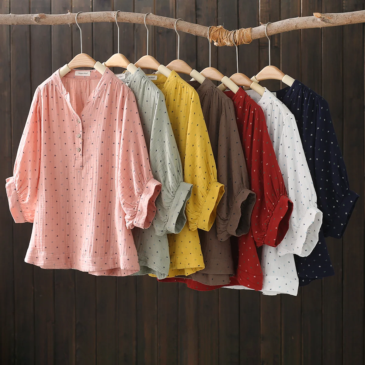 New Cotton Yarn Elegant Shirt Women Pastoral Style Printed Shirts and Blouses Mother Tops Middle-aged Women's Clothing