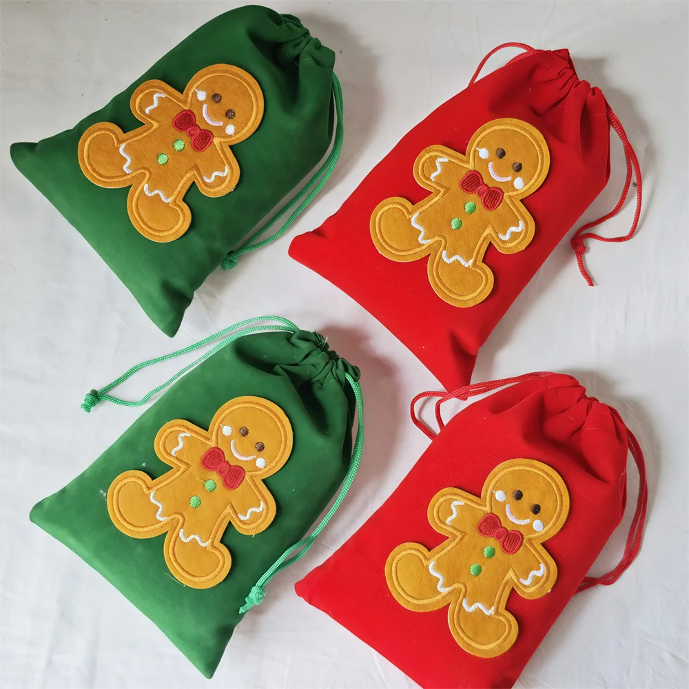 3Pcs Per Pack Christmas Canvas Drawstring Bag with Pouch Gift Bag for Xmas Featuring A Gingerbread Man Design for Storage