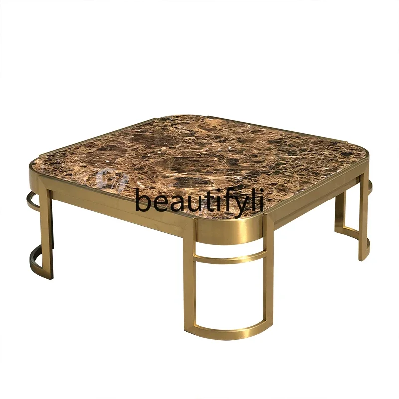

European natural marble square coffee table, luxury living room stainless steel gold light luxury square table