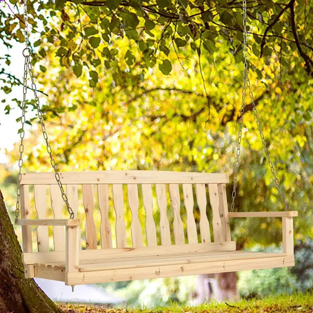 Balançoire de porche suspendue en bois pour 2 personnes, banc de patio avec dossier incurvé, terrasse et balançoire de jardin, naturel, 46