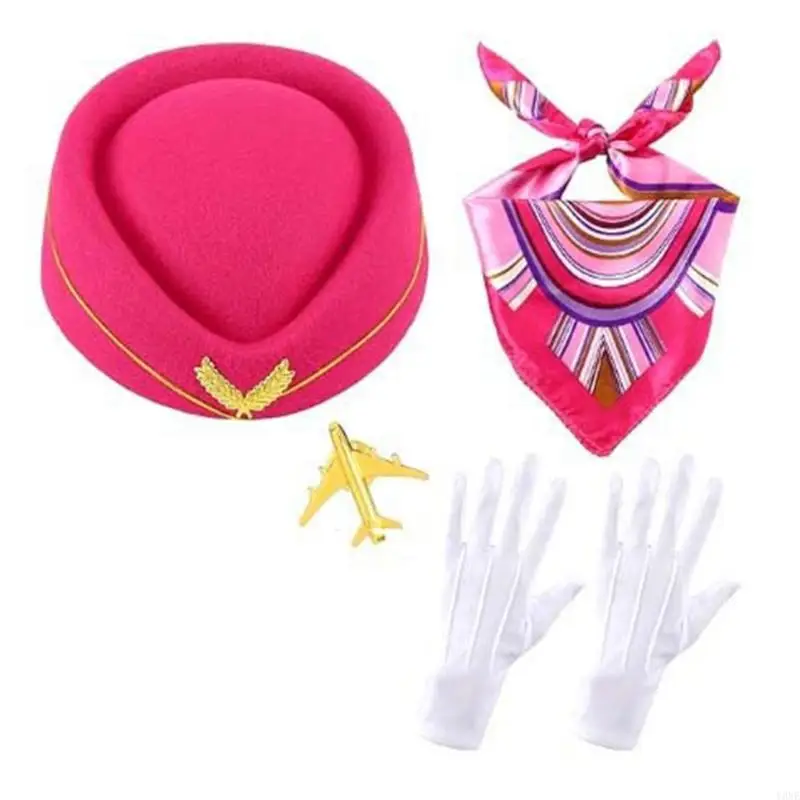 Y3ne 4PCS Frauen Stewardess Kostümzubehör Flugbegleiter Hat Handschuh Schal Maskeraden Luft Hostess Cosplay Kostüme