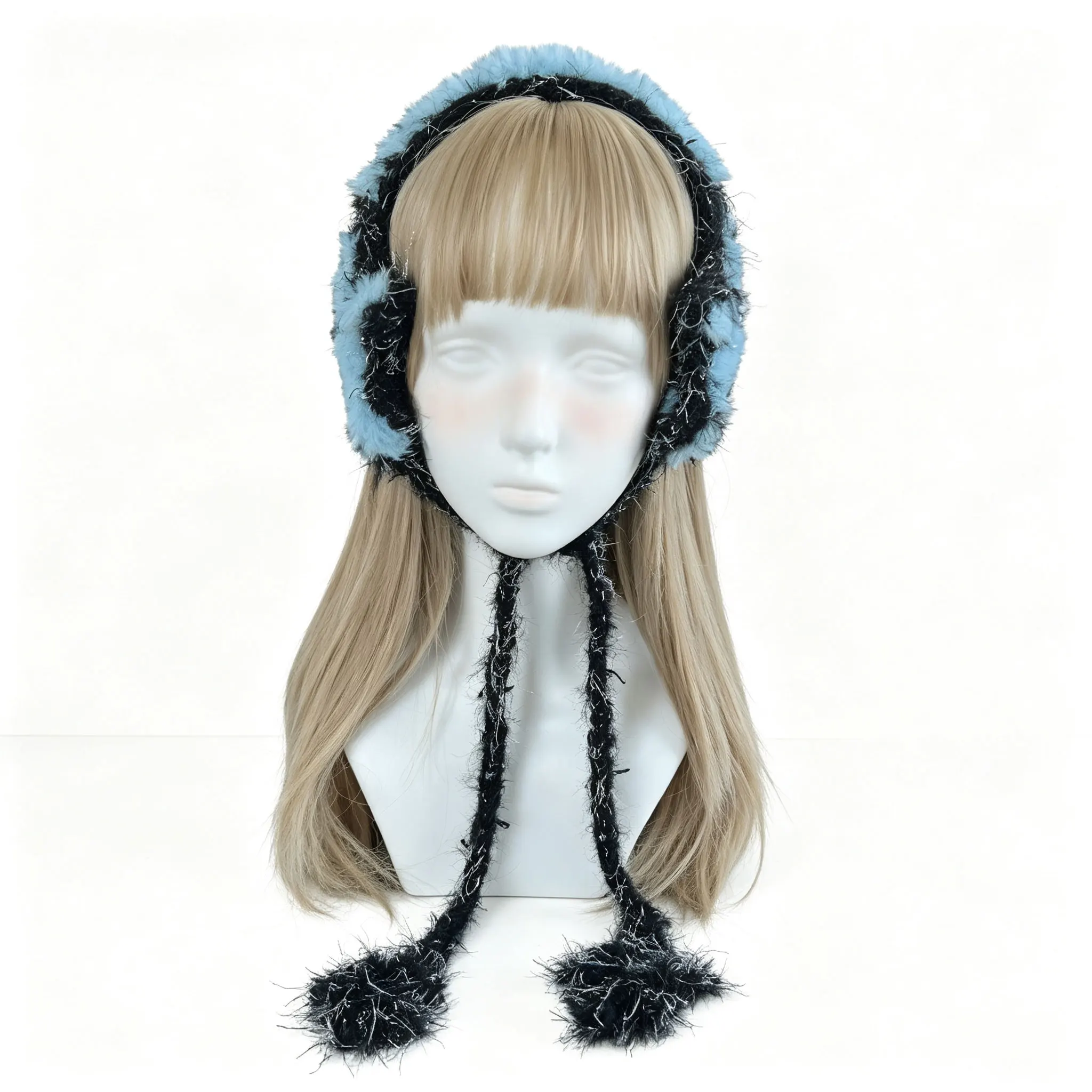 Handmade Crochet Blue Black Fuzzy Earmuffs Women Custom Soft Star Charm Knit Ear Warmer Men Casual Gothic Winter Warm Headwear