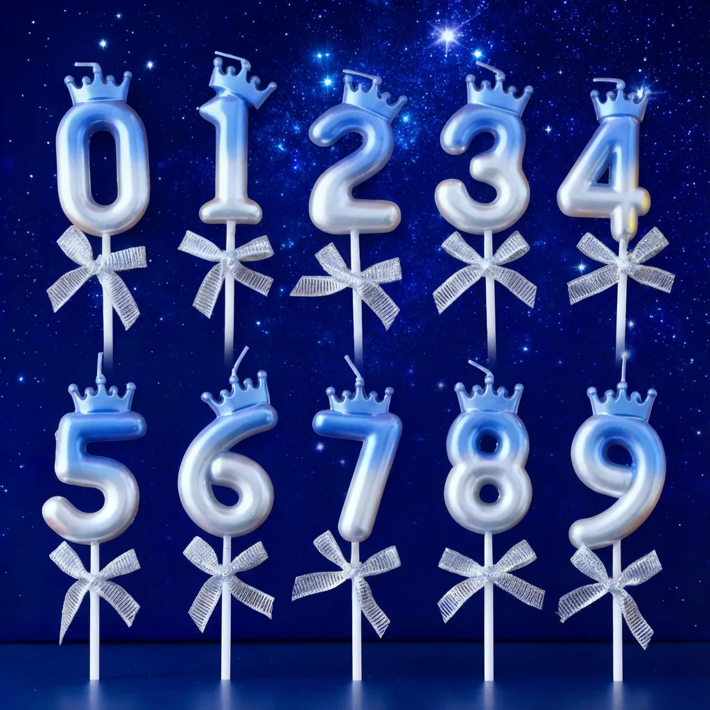 1pc Blue Silver Gradient Crown Number Birthday Candle 0-9 Boy Birthday Cake Topper, Prince Theme Party Cake Decorations Supplies