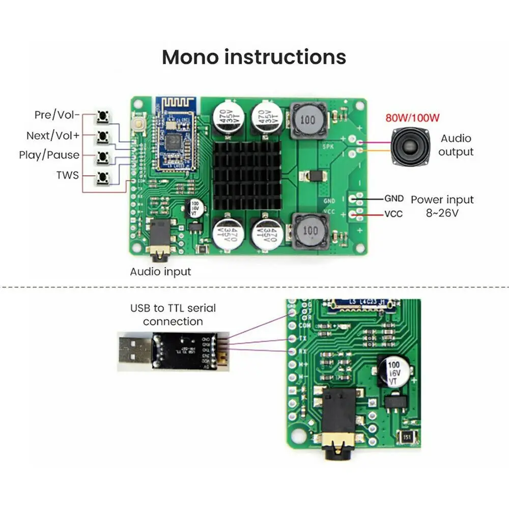 

Bluetooth 5.0 Power Amplifier Board 100W Sound Amplificador AUX Mono Audio Amp^