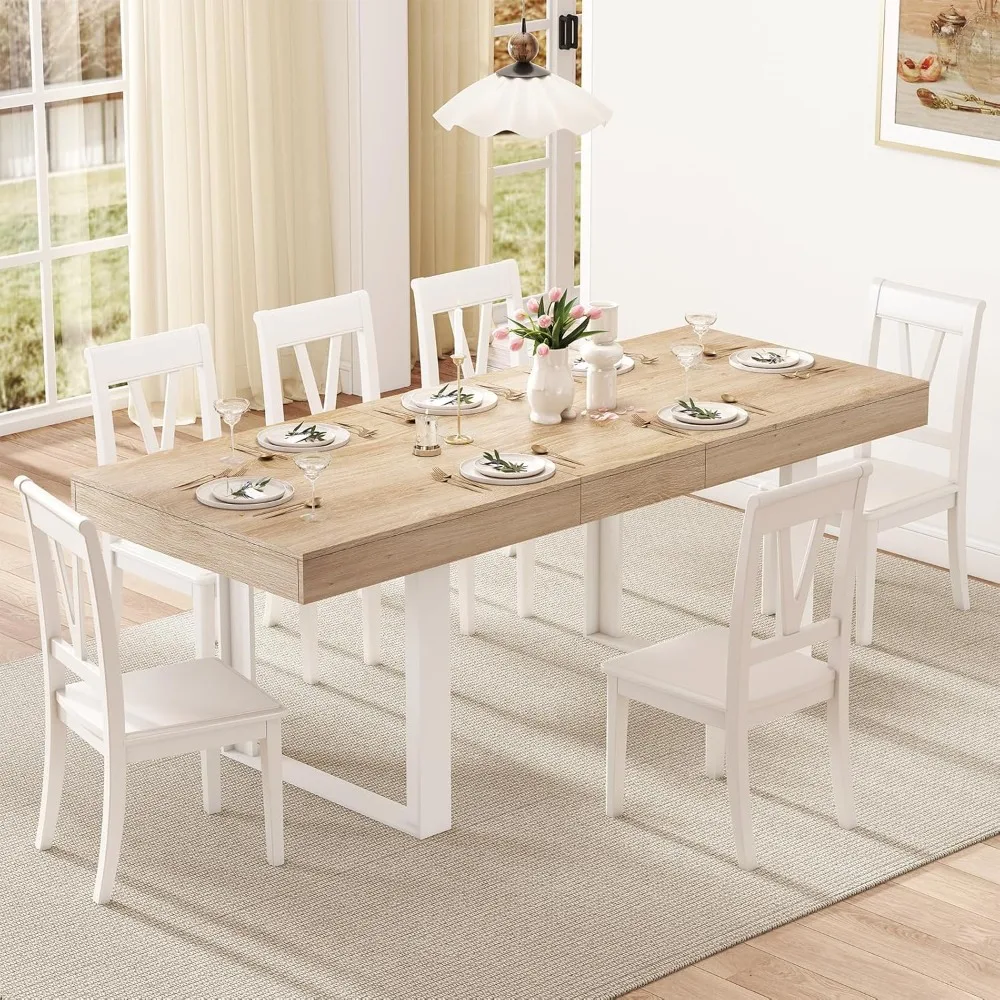 

63"-78.7" Expandable Dining Table, 6-10 Farmhouse Kitchen Table, Extendable Dining Table, Rectangular Kitchen Table with Metal T