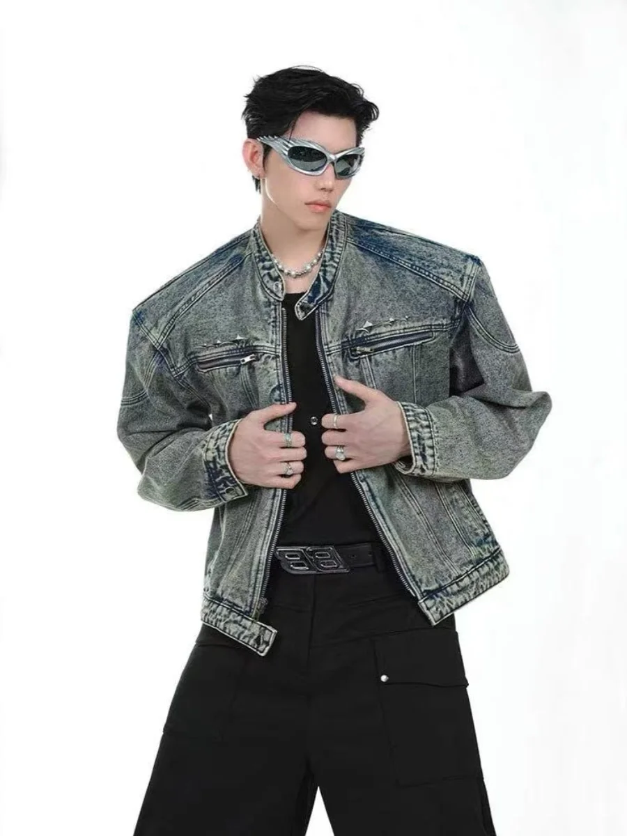 

Мужская джинсовая куртка в стиле ретро-американский дистресс с металлическими элементами, утепленная, для работы, весна-осень