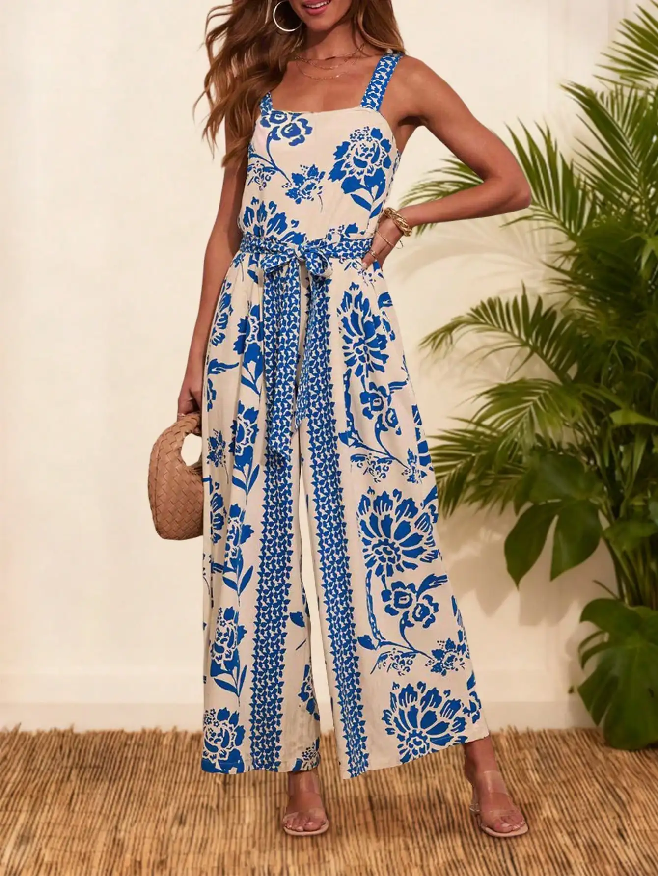Mono de Mujer con Estampado Floral Azul Estilo Boho - Mono sin Mangas con Tirantes Finos y Cinturón, de Pierna Ancha, para Vacaciones en la Playa y Uso Casual de Verano
