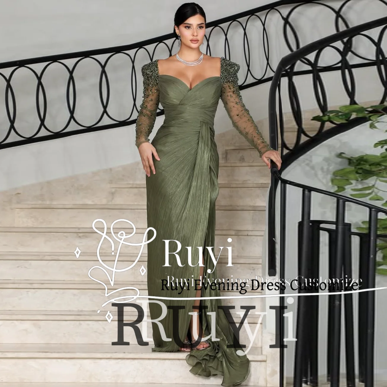 

Блестящие плиссированные платья для выпускного вечера из бисера с длинными рукавами Вечернее платье для торжественных случаев длиной до пола с разрезом по бокам