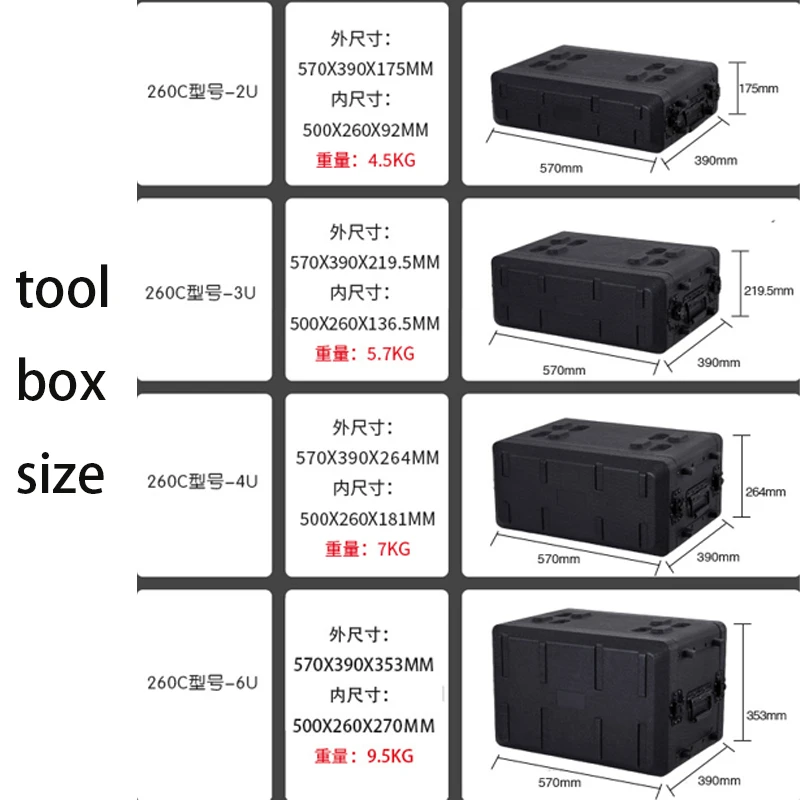 Caja de herramientas 2U 3U 4U 6U, nueva caja de plástico PE U, amplificador de potencia Digital, receptor, micrófono, almacenamiento, caja de aviación portátil