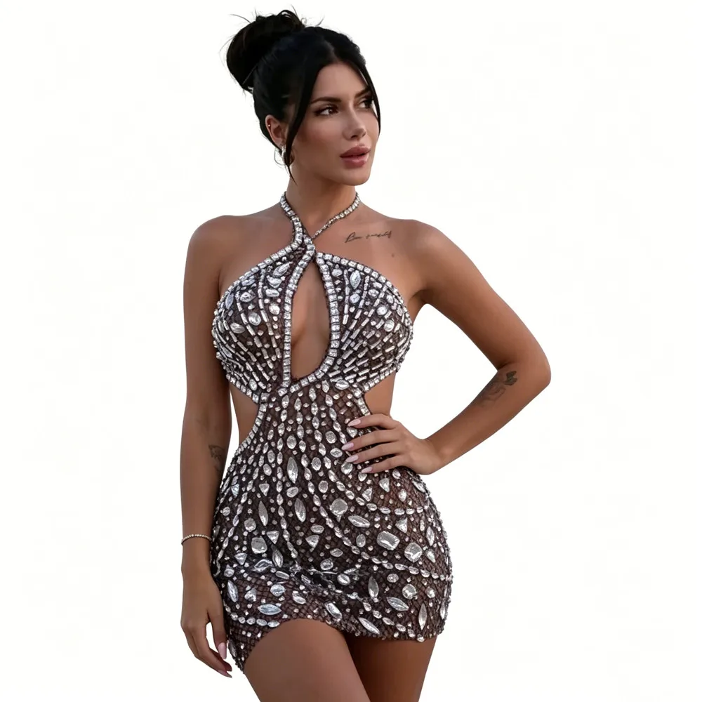 Sexy Geburtstagsparty Strass-Minikleid Rosa Netz-Rückenfreies Kristallkleid Sänger Bar Nachtclub Clubkleid Bühnenshow-Kostüm