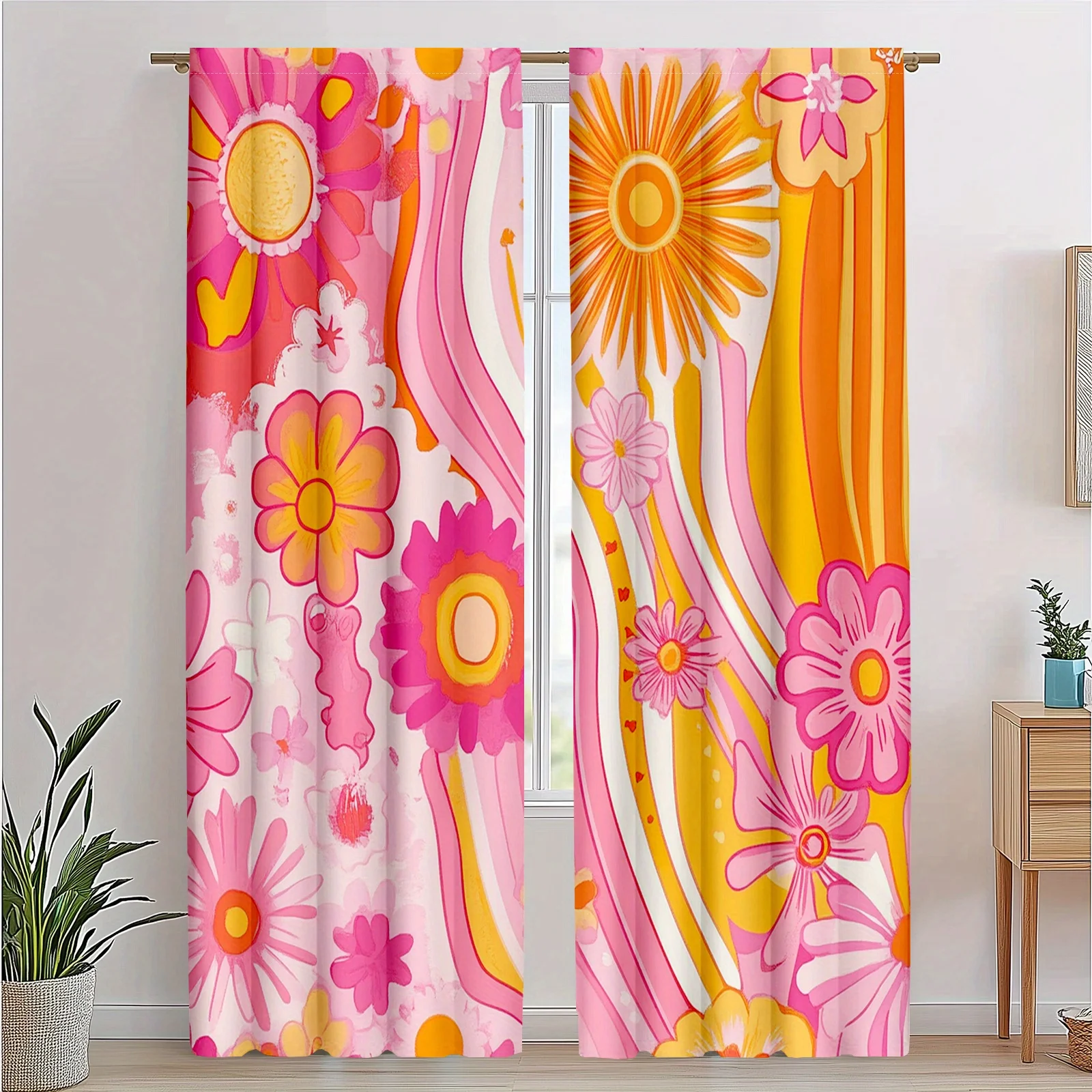 Colorful Floral Sunshine Print Curtain Panels Pink Yellow Orange Retro Bohemian Curtains for Living Room and Bedroom Decoration
