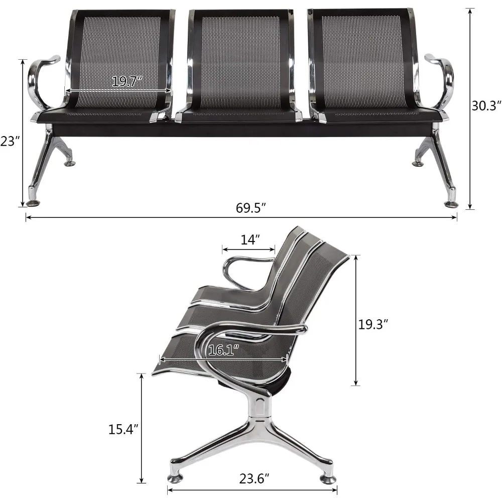 Cadeiras de recepção para sala de espera - Cadeiras de recepção para aeroporto com braços, cadeiras para convidados de escritório para banco, hospital, mercado (3 lugares, preto)