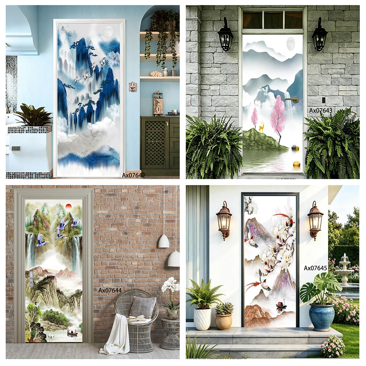 Door Decal Waterproof Removable Colorful Chinese Ink Mountain River Boat Landscape Sticker Home Entry Door Decor Self Adhesive