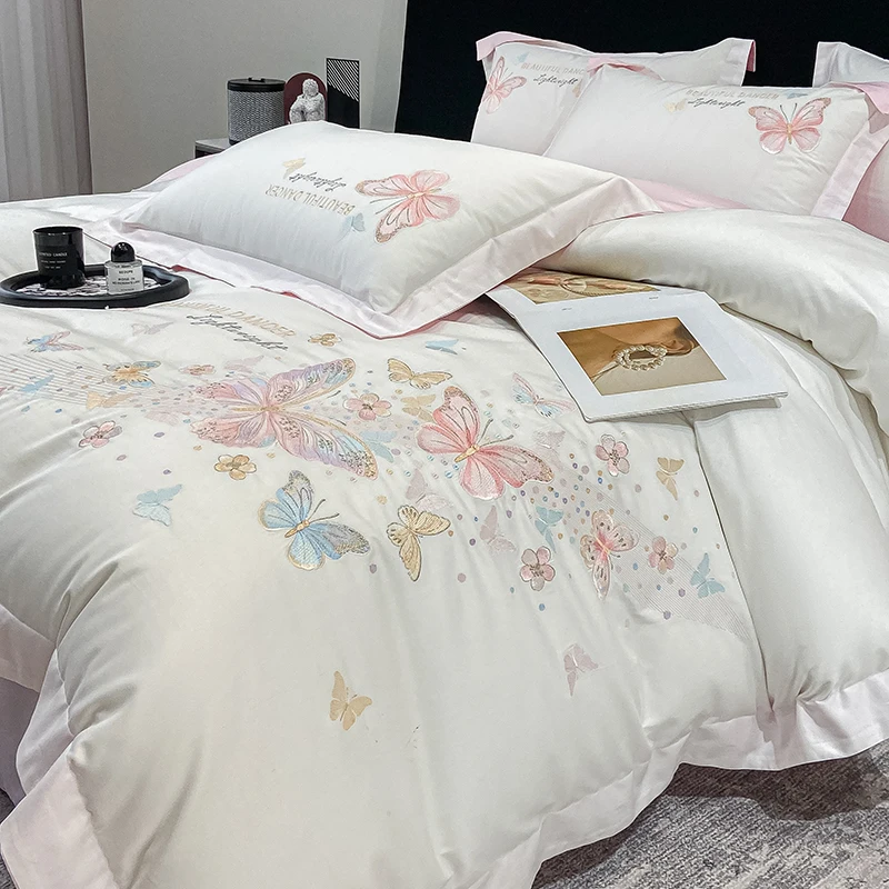 

100% Cotton Butterfly Embroidery Luxury White/Pink Bedding Set Double Queen King Size Duvet Cover Set Bed Sheet Pillowcases 4Pcs