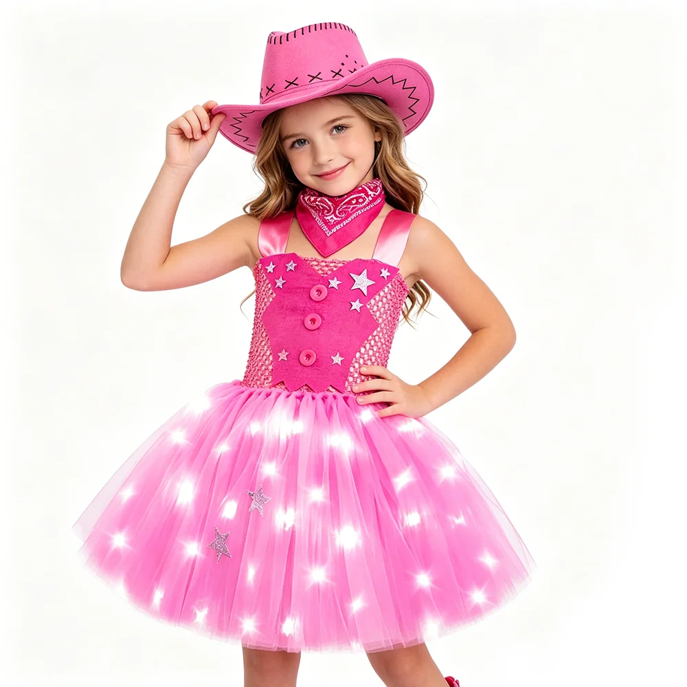 Led Lights Hot Pink Cowgirl Costumes for Girls Ballet Tutu Dress with Cowboy Hat & Scarf Kids Christmas Halloween Party Outfit