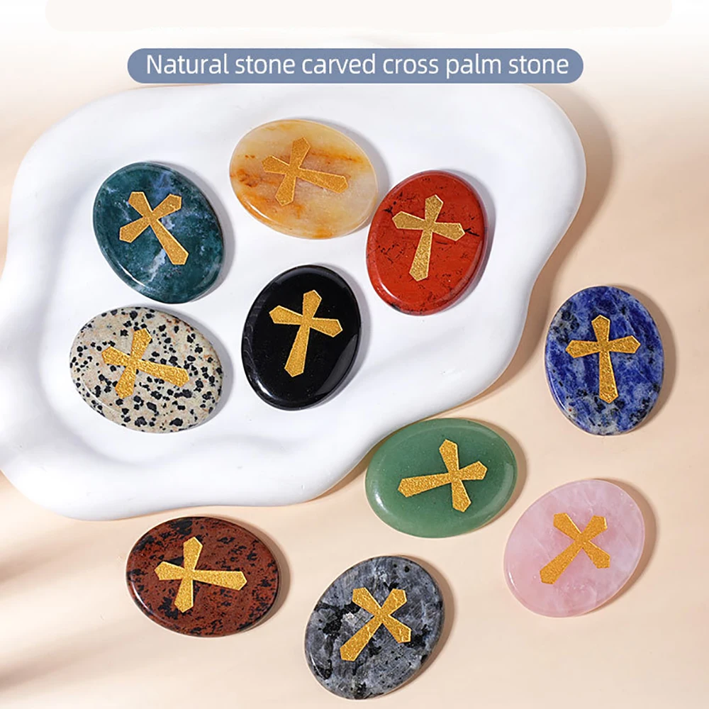 Natural Crystal Cross Crucifix Engraved Palm Worry Stone for Pray Faith Anxiety Relief Oval Palm Stones Polished Gemstone Decor