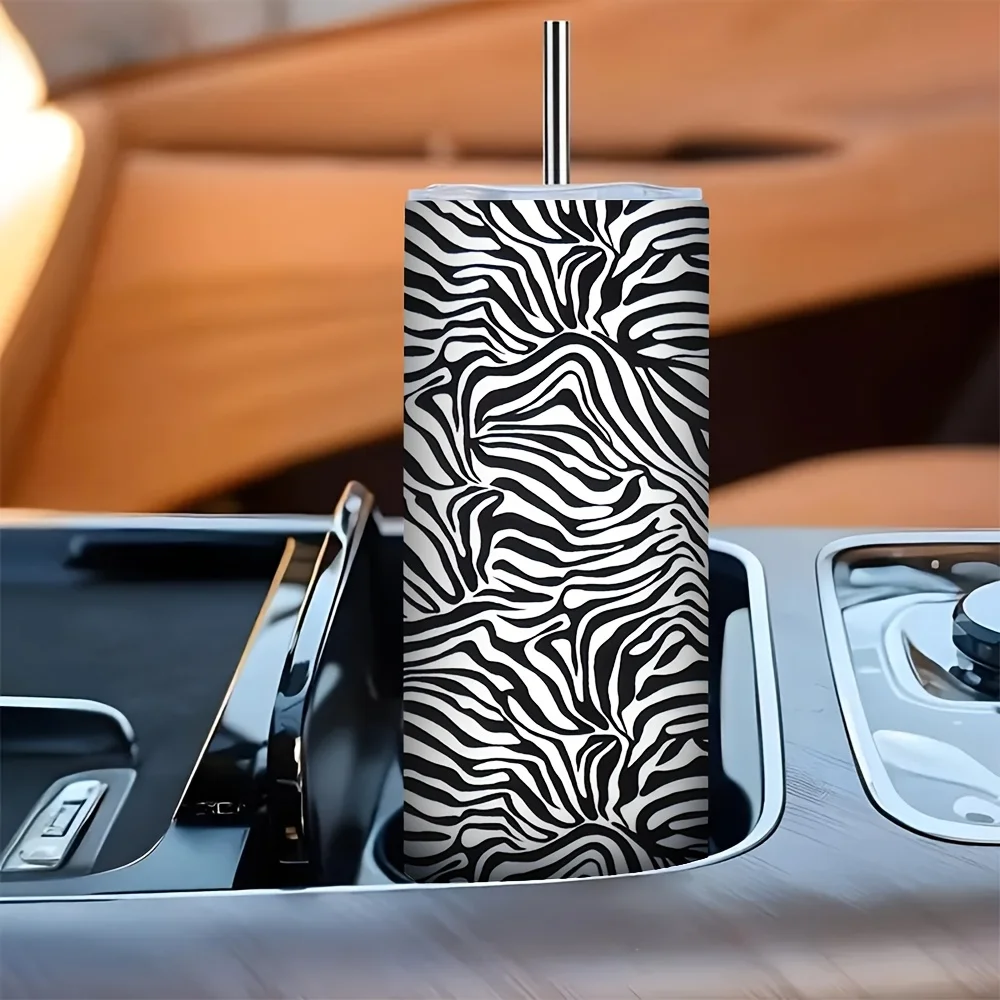 1ps Halloween and Christmas Day 20oz Stainless Steel Insulated Skinny Tumbler with Straw Lid, Zebra Stripe Animal Print Reusable Water Cup, Suitable for Home Office Outdoor Travel Camping Holiday Party Daily Drinking Use