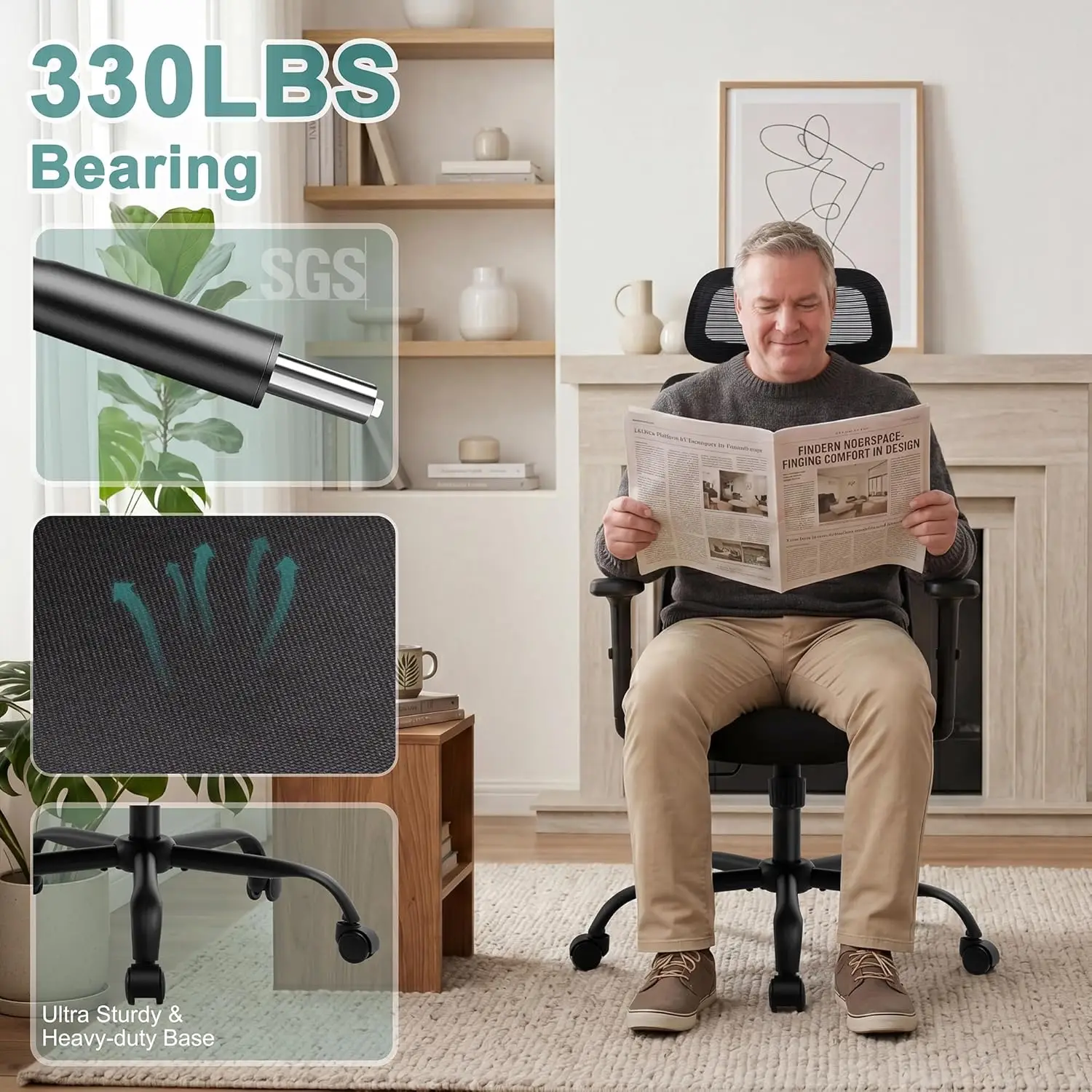 Ergonomic Office Chair with Adjustable Lumbar Support & Headrest, High-Back Mesh Computer Chairs 90-135° Tilt Lock, Executive Ch view 6