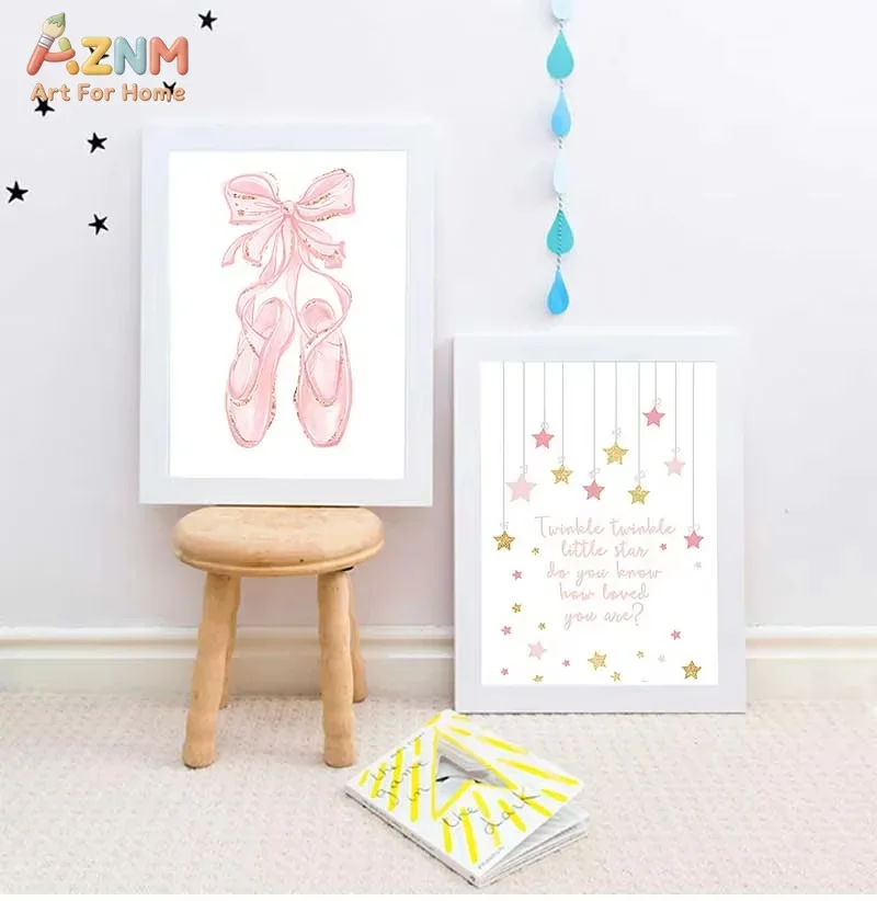 AZNM Pink Ballet Shoes Twinkle Little Star Quote Canvas Wall Art Watercolor Girls Nursery Print Unframed Canvas Painting for Kid