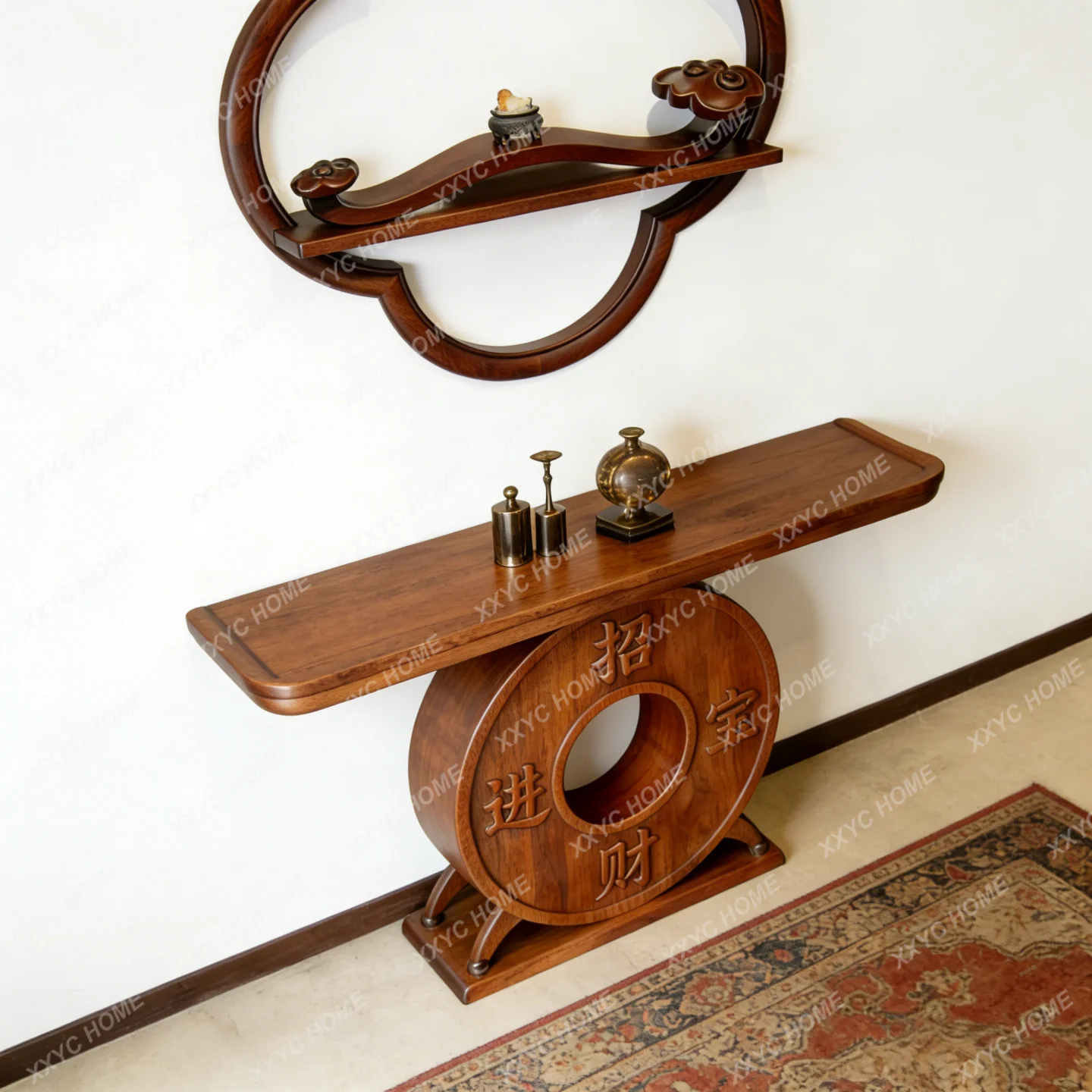 Solid wood living room entry to attract wealth and treasure, secret cabinet end view table against the wall