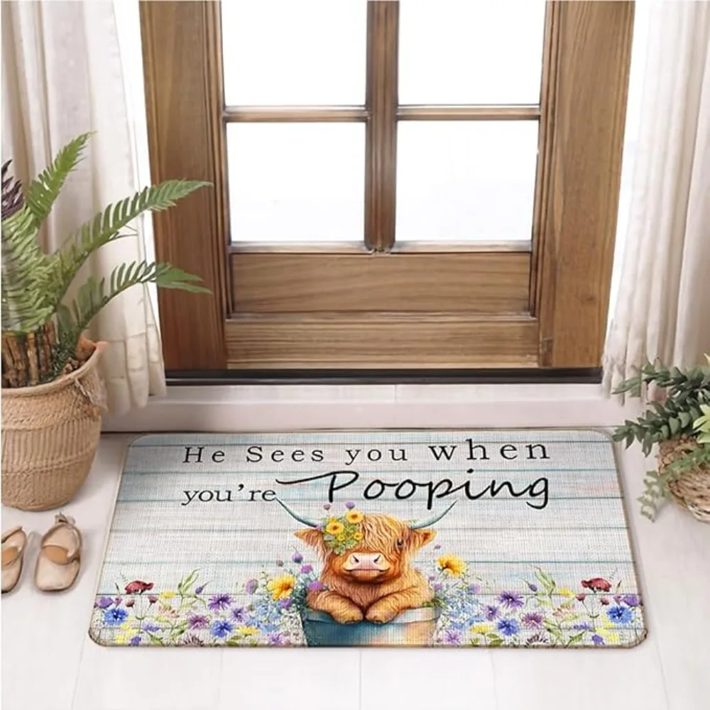 Christmas Highland Cow Carpet Mat Rug -Red Plaid Snowflake & Beige Wood Pattern Non-slip Home Decoration Floor Mat Welcome Mat
