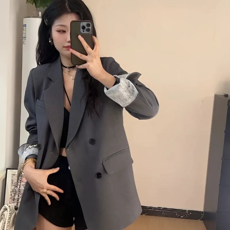 Lace Splicing Blazer Korean Style Loose Solid Color Button Women's Long-sleeved Cardigan Top