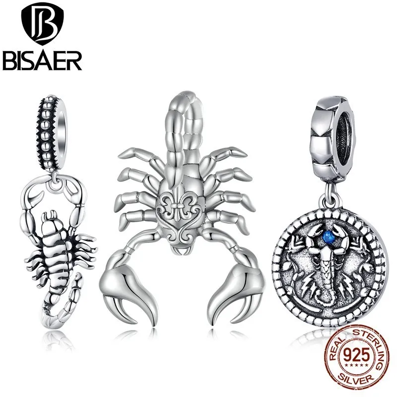 BISAER 925 Sterling Silver vintage Scorpion Charm Bead Animal Pendant For Women DIY Bracelet & Necklace Fine Jewelry ECC2509