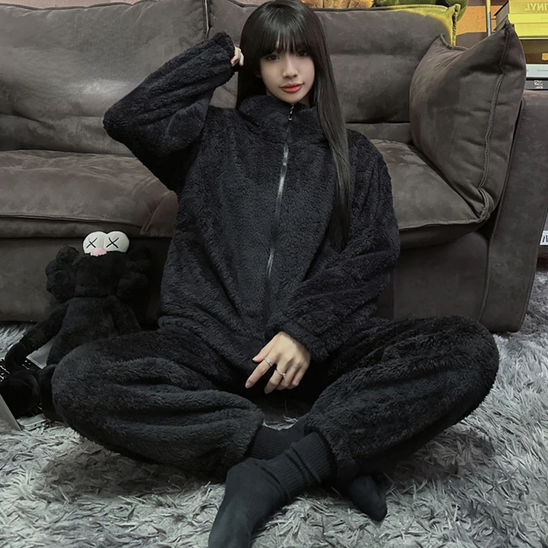 Flannel Pajama Sets Women Winter Sleepwear Thicken Warm Couple Simple Korean Style All-match Cozy Zip-up Home Soft Lounge Mujer