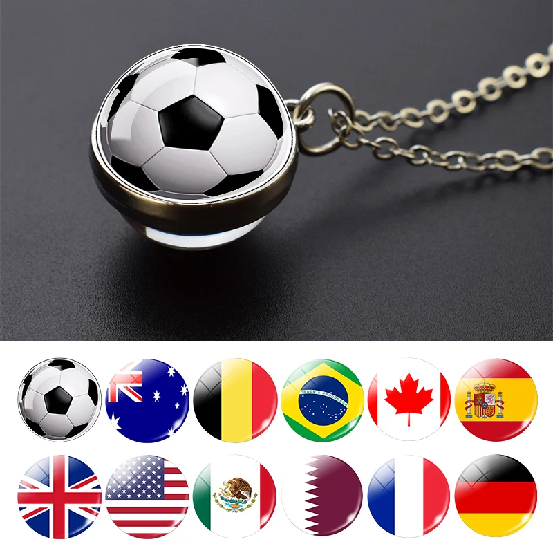 2022 Football Match National Flag Glass Ball  Necklace Soccer Pendant Necklace Club Fan Gift