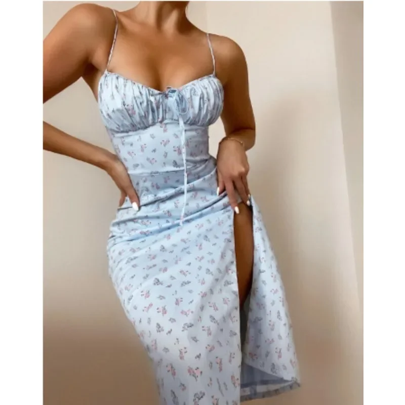 Summer Sexy Spaghetti Straps Dress Women Fashion Polka Dot Print Sleeveless Slit Dress Y2k Boho Casual Beach Midi Dresses Платье