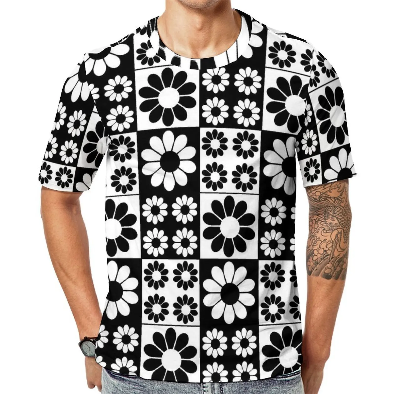 Plus Size T Shirt Summer Daisy Floral T Shirts Black And White Funny O-Neck Tshirt Mens Harajuku Design Top Tees