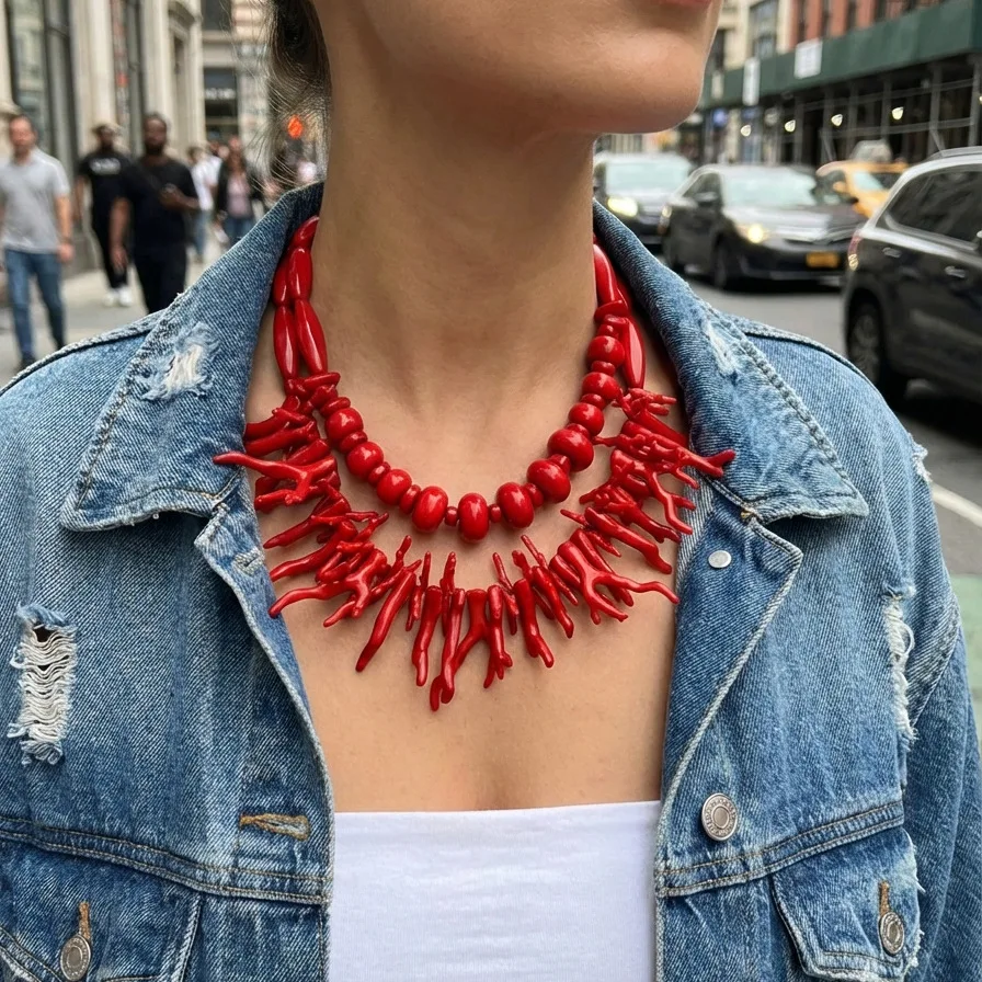 Bohemian style red coral branches multi-layer necklace ring beach vacation jewelry