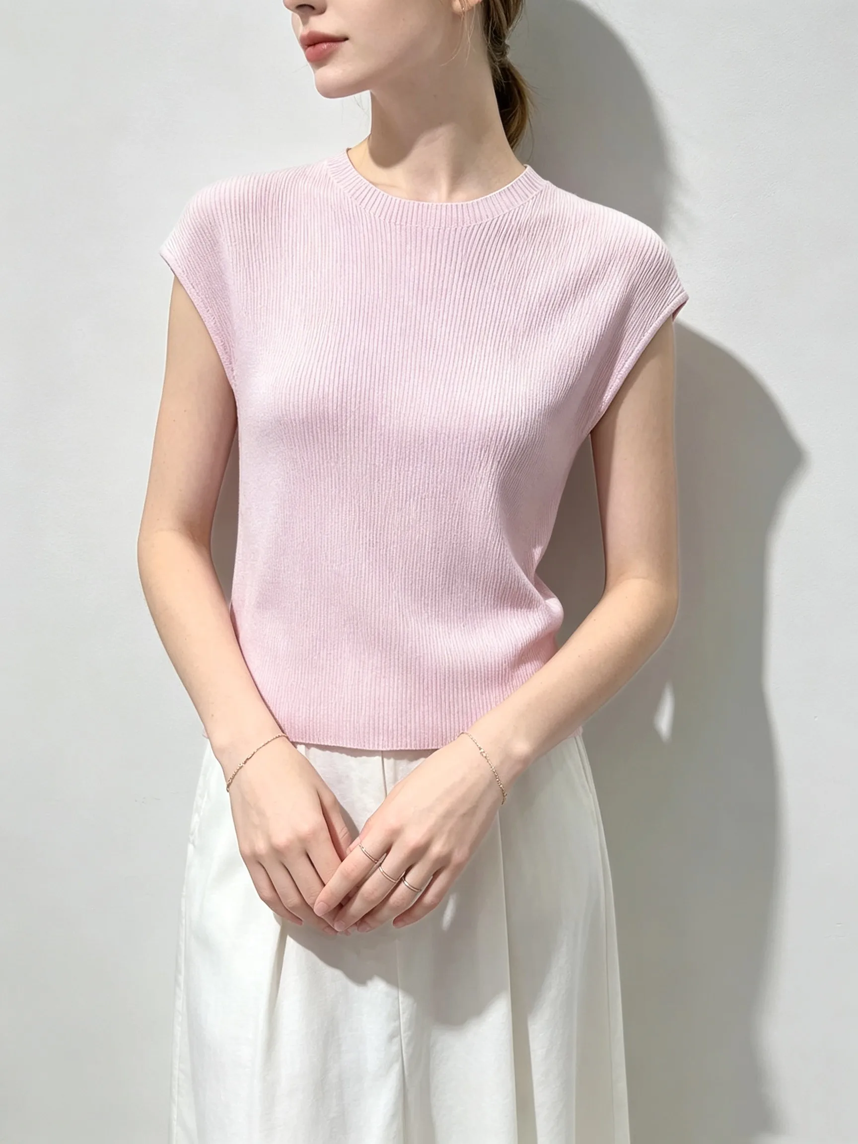 Slim Fit Ice Silk Knitted Short Sleeve T-Shirt Women's Summer New Style Thin American Hot Girl Fleece Sleeve Tight Top