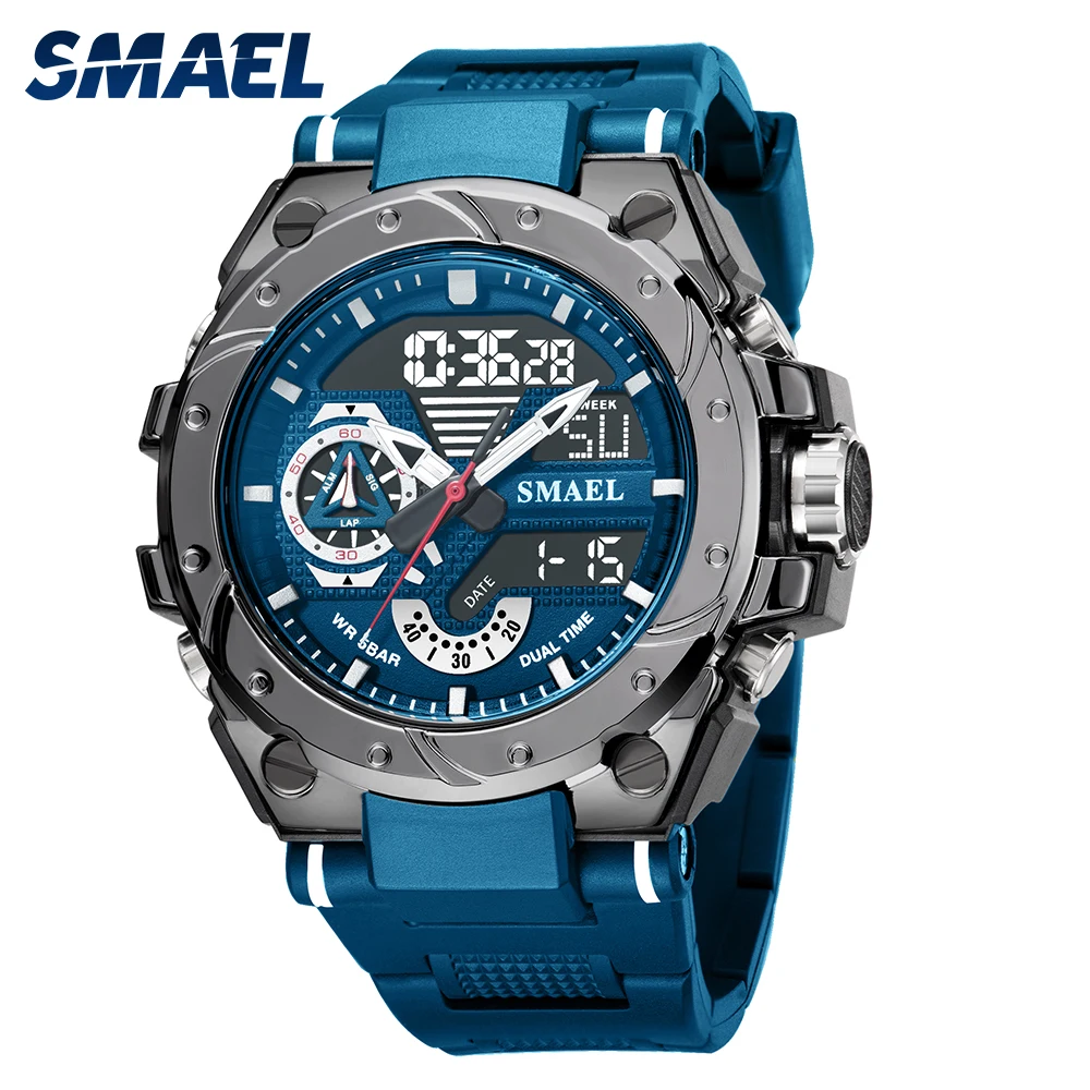 Sporthorloges Waterdicht SMAEL Herenhorloge Militair Legerblauw Stopwatch Weekweergave Clocke 8060 Mode Quartz Horloge Heren