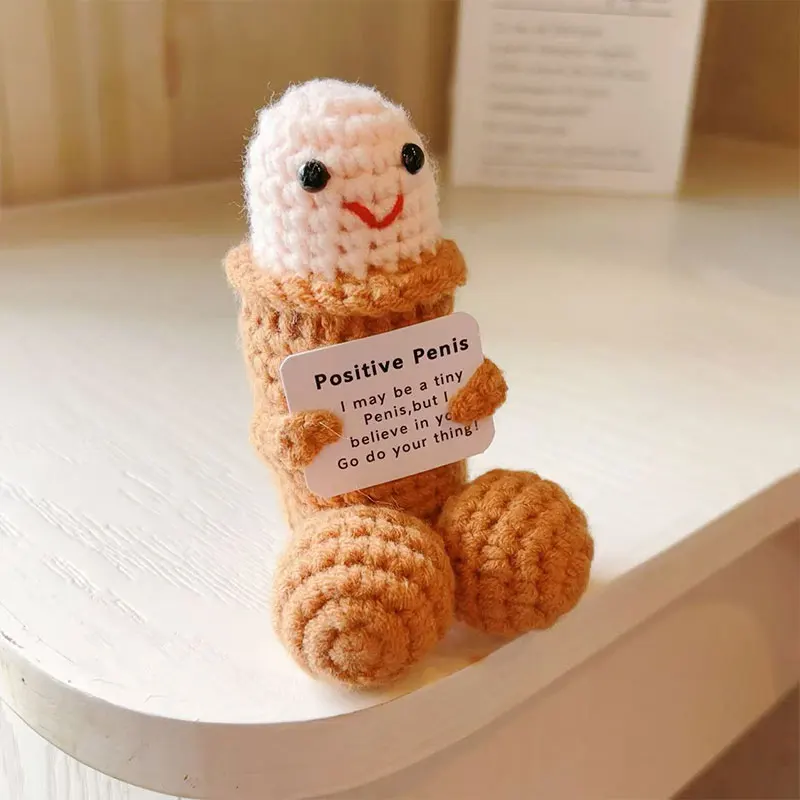 Positive Crochet Doll Funny Valentines Day Gift with Card Home Room Decoration Handmade Knitted desk decoration