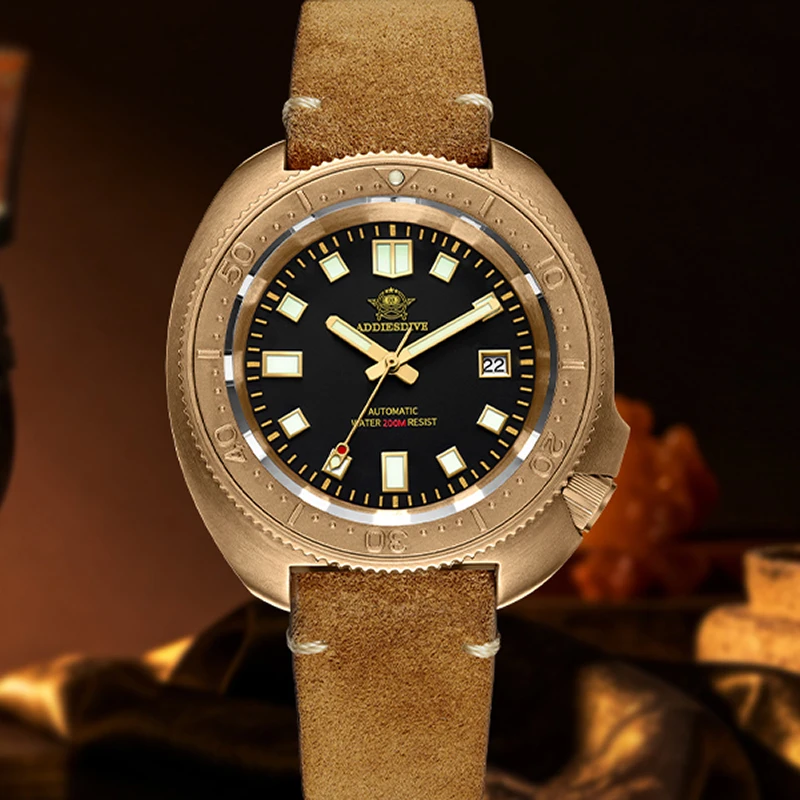 ADDIESDIVE Mens Mechanical Automatic Watch Japanese 8215 Movement Sapphire Crystal Bronze Case 200M Waterproof Diving Watch