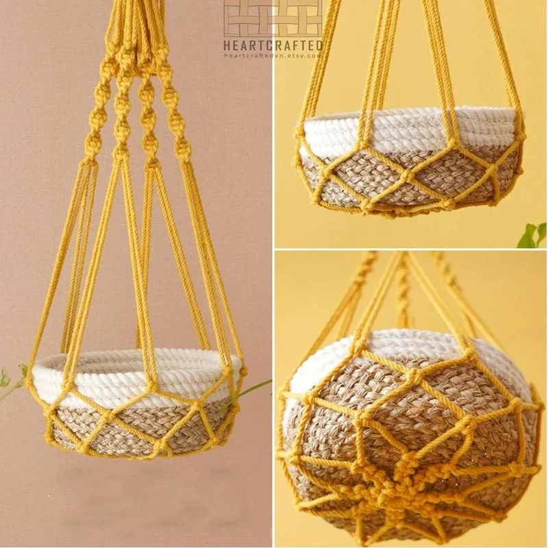 BLANC ateur de couleurs Boho Macramé porte-plante tissé à la main 100% coton tissé Baske cintre conflicBasket pour plantes d\'intérieur bonsaï