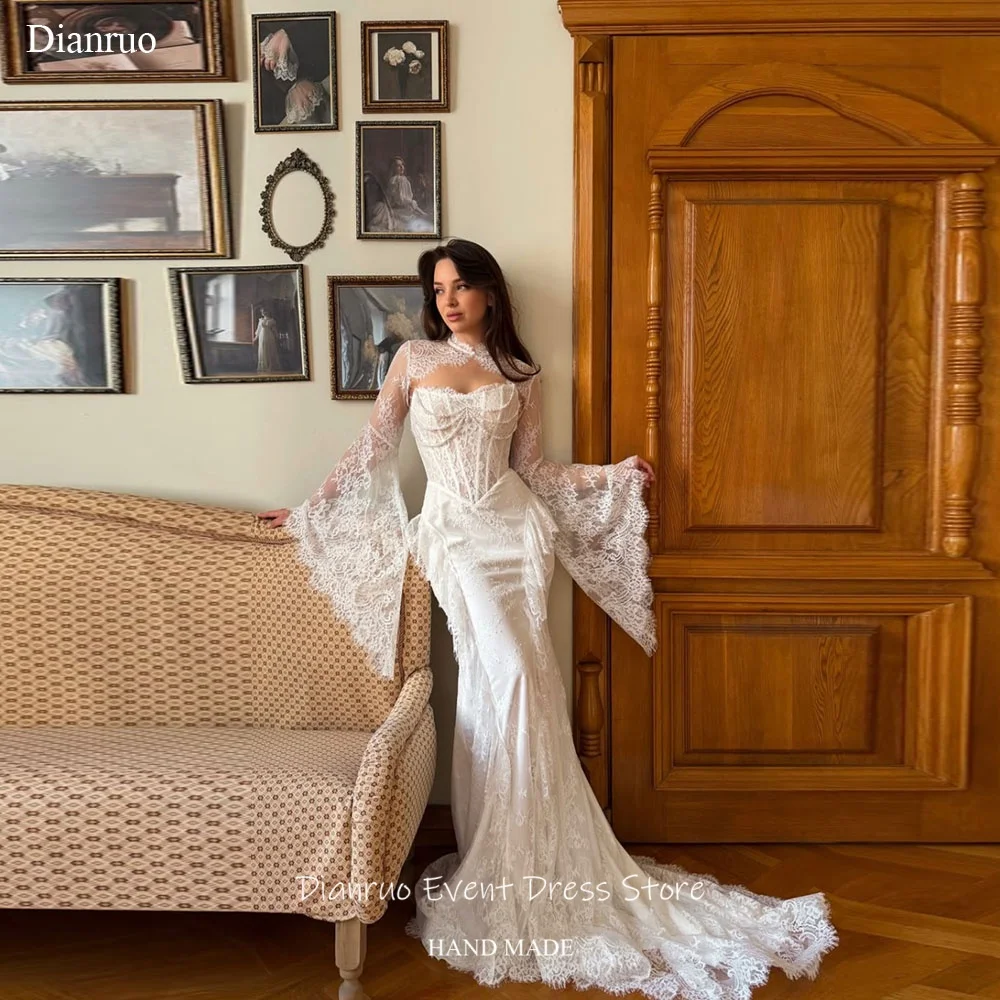 Dianruo Lace Flared Bell Long Sleeves Wedding Dress Luxury Pearls Sweetheart Vestido Novia Mermaid Robe De Mariée Customized