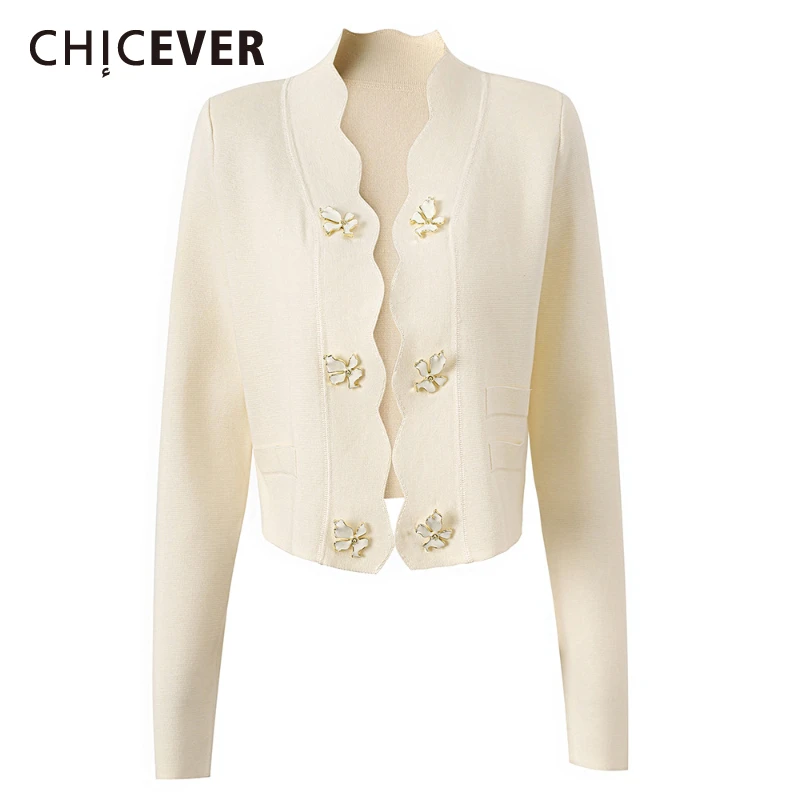 

CHICEVER Solid Elegant Knitted Coat for Women Stand Collar Long Sleeve Patchwork Metal Buckle Slimming Cardigans Female Spring