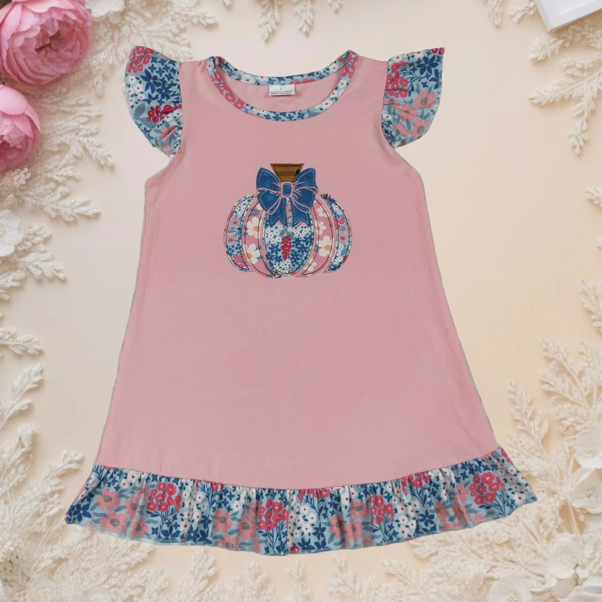 

Toddler Baby Girl A Line Dress Pumpkin Embroidery Crew Neck Flutter Sleeves Knee Length Dresses Fashion Children Kids Clothing