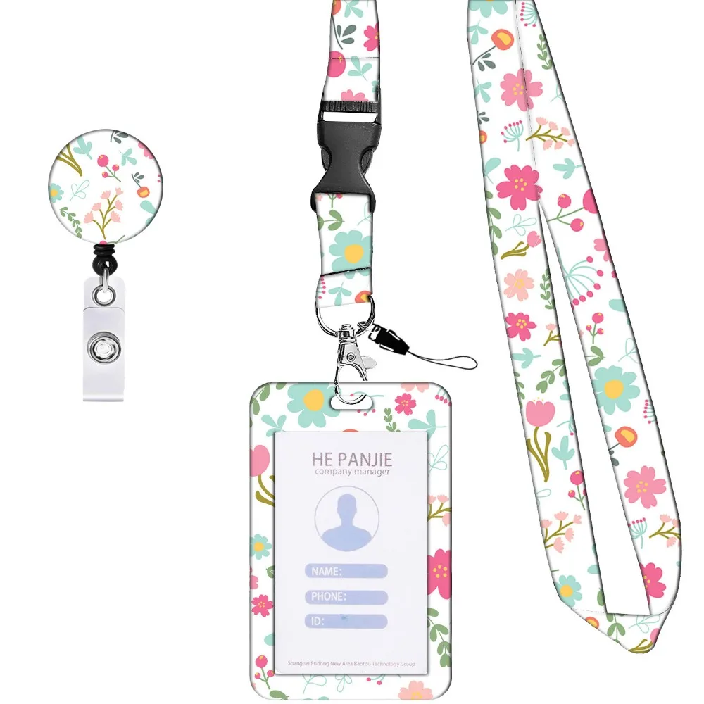 360 Degree Rotatable Working Cards Holder Flower Necklace Strap Flower Print Badge Holder Vertical 5 Colors