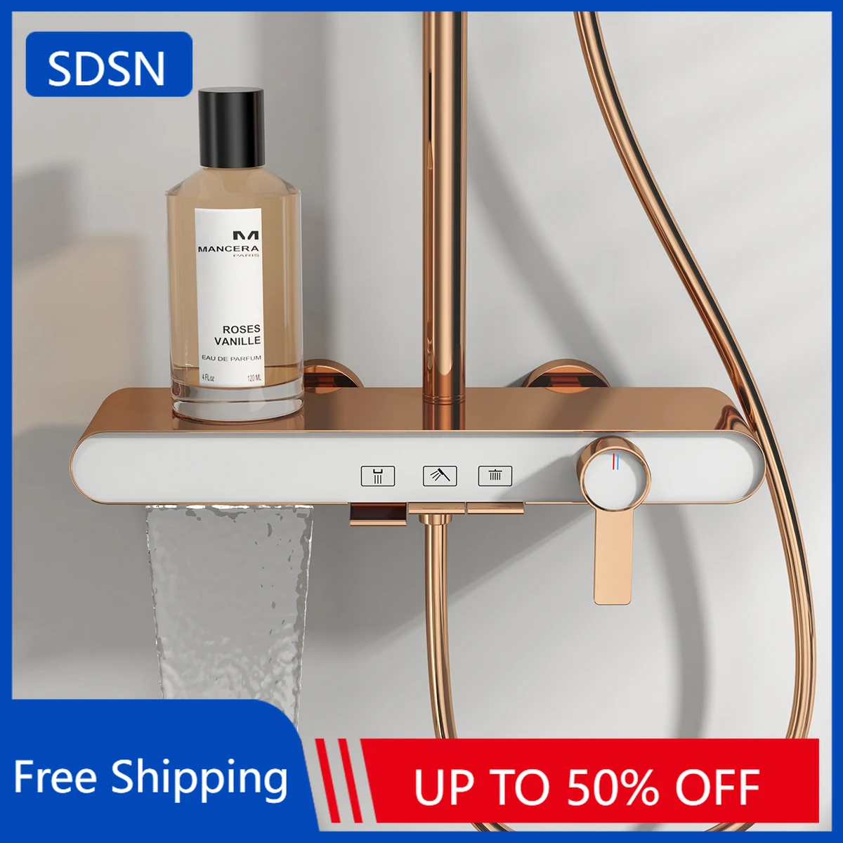 Waterfall Piano Bathroom Shower System Brushed Rose Gold Bathroom Faucets Rain Shower Head Hot Cold Piano Bathroom Shower Set